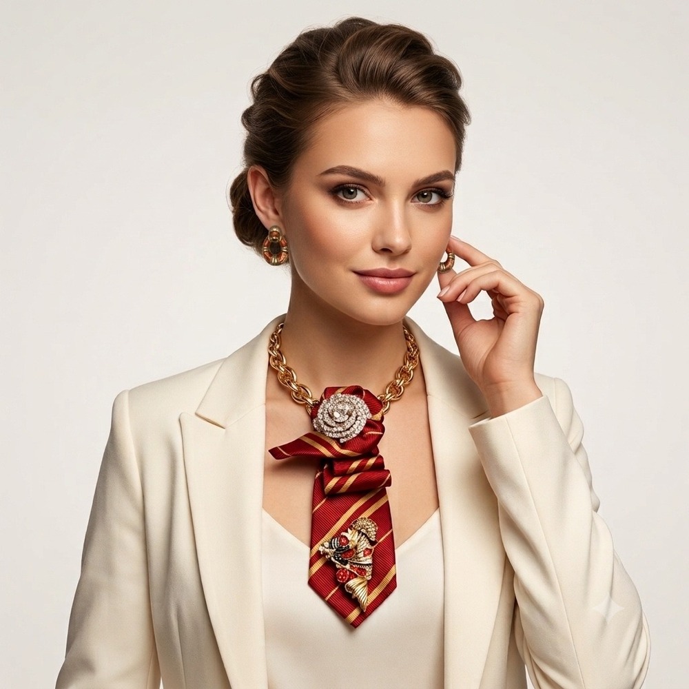 Red Gold Striped Tie Statement Necklace Rhinestone Brooch Horse Pin Earring Set